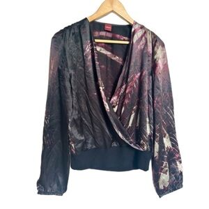 Olsen silk abstract-pattern faux  wrap blouse black red